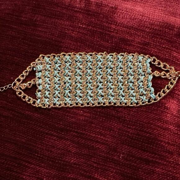 Turquoise Knit + Gold Brass Vintage Bracelet - Picture 1 of 9